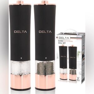 Delta Electric Salt and Pepper Mill Set in black and rose gold. 
NIB